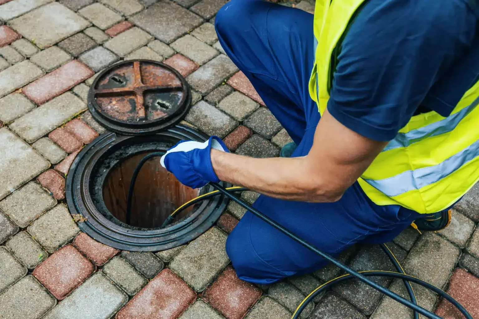 unclogging sewer line under pavers with snake